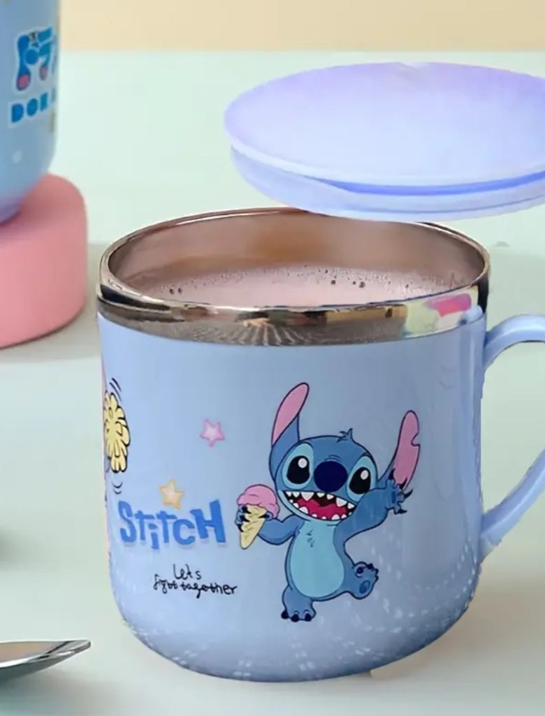 Taza acero inoxidable de Stitch con Tapa – Diseño Kawaii Azul 💙