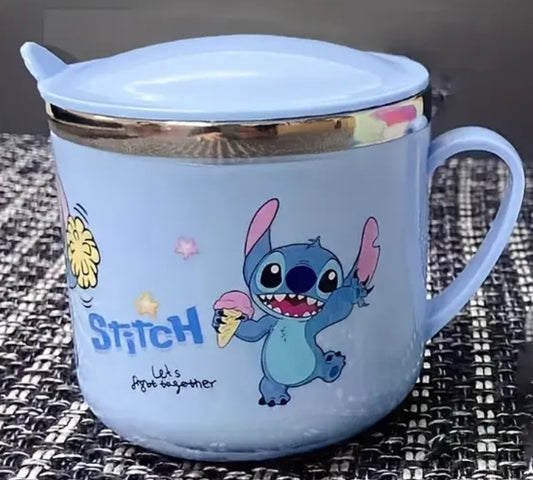 Taza acero inoxidable de Stitch con Tapa – Diseño Kawaii Azul 💙