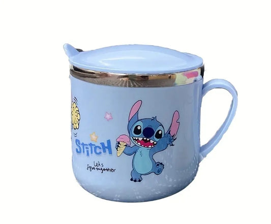 Taza acero inoxidable de Stitch con Tapa – Diseño Kawaii Azul 💙
